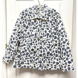 CJ Banks Jacket Floral Corduroy Womens 1X Blue Cream Stretch Button Front